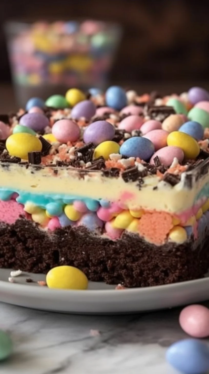 Easter Dirt Cake Casserole decorated with chocolate and gummy worms