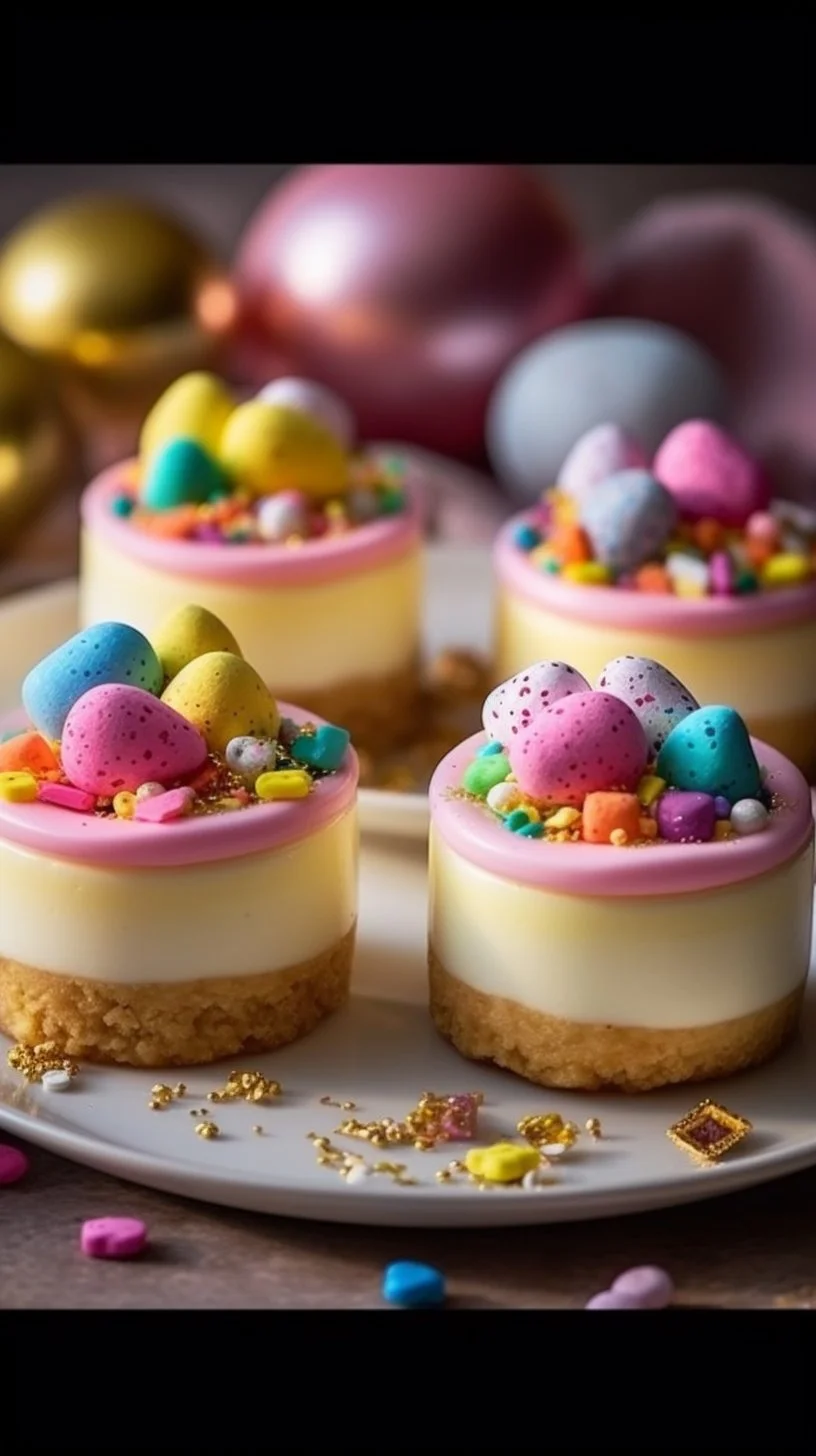 Easter No Bake Mini Cheesecakes topped with fresh berries and colorful sprinkles