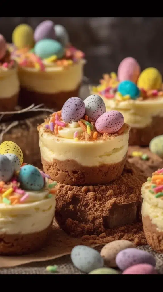 Easter No Bake Mini Cheesecakes with colorful toppings