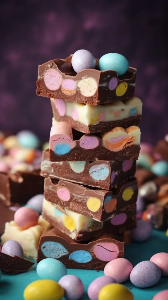 A colorful plate of Easter Rocky Road dessert, featuring chocolate, marshmallows, and nuts.