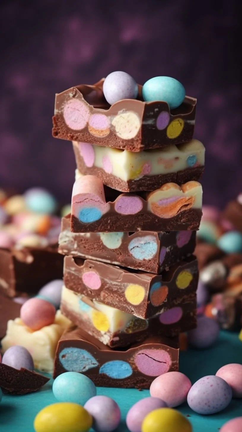 A colorful plate of Easter Rocky Road dessert, featuring chocolate, marshmallows, and nuts.