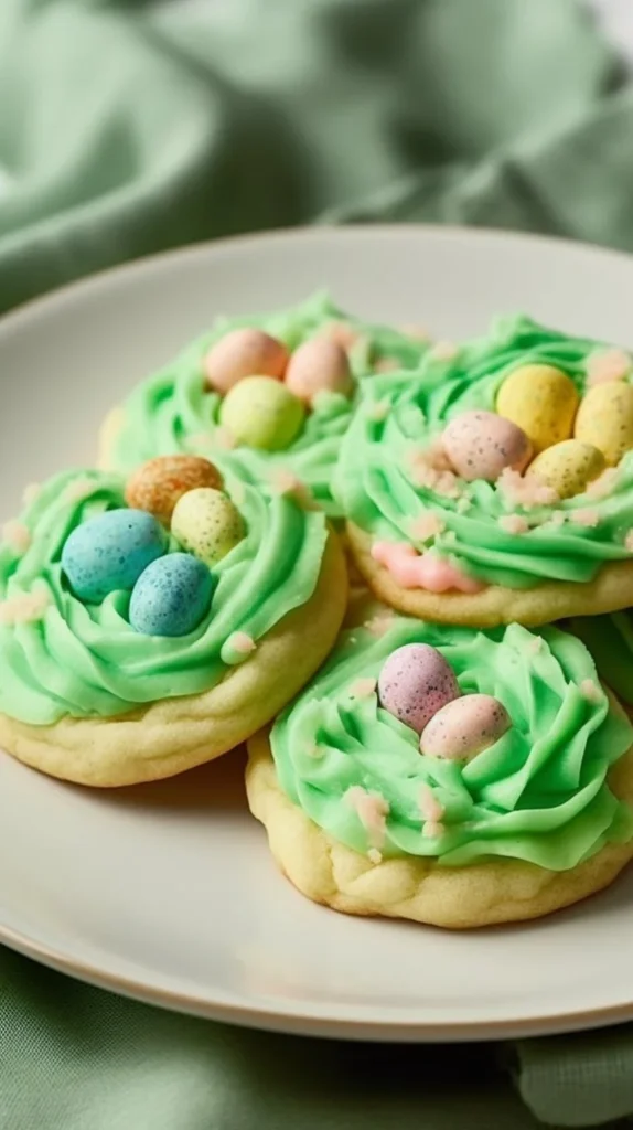 Decorated Easter sugar cookies in pastel colors on a festive platter.
