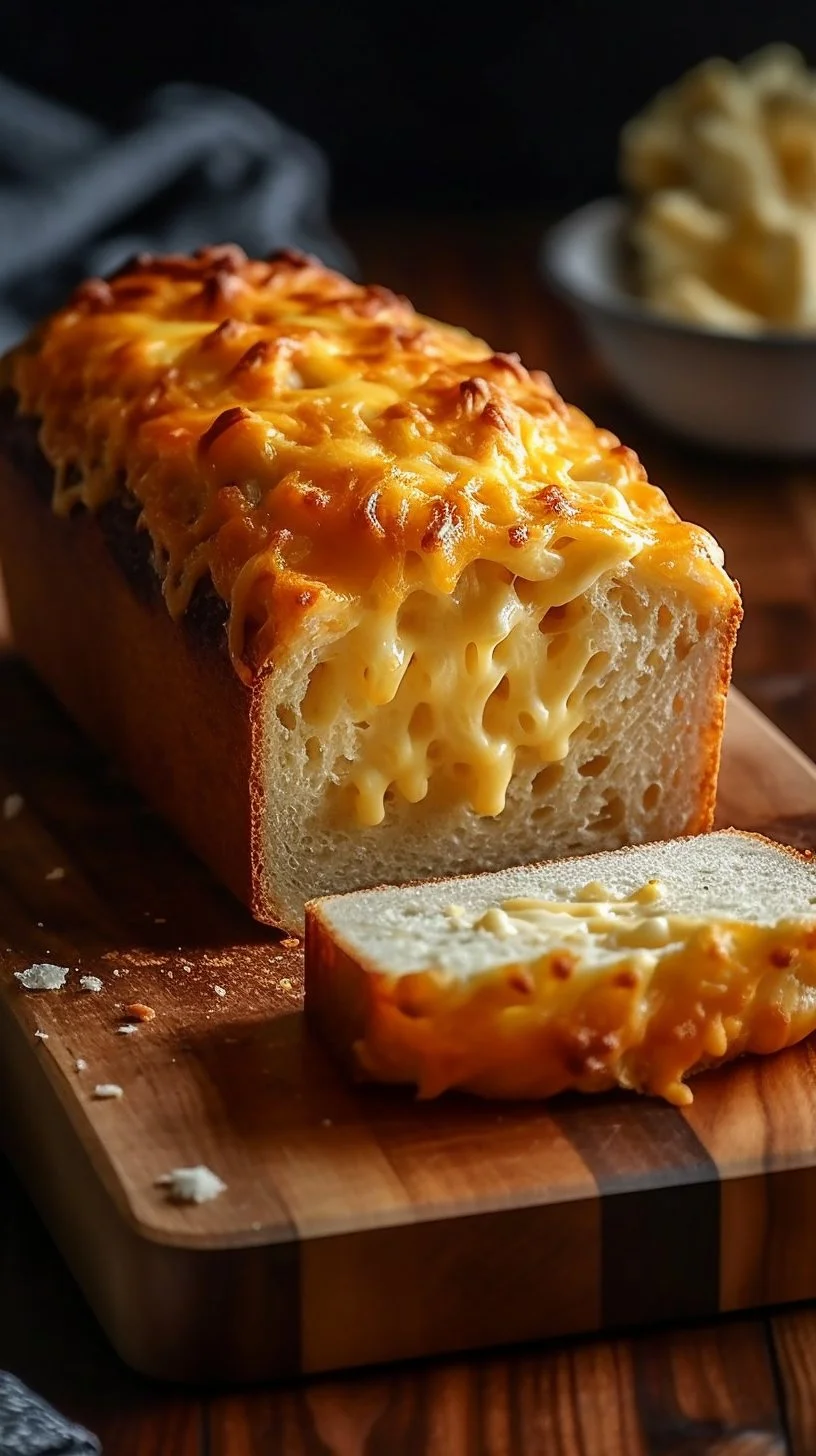 Sliced easy cheesy quick bread with melted cheese on top.