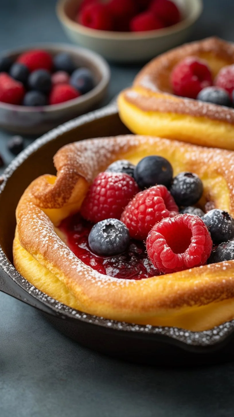 Plated mini Dutch Baby pancakes topped with berries and powdered sugar