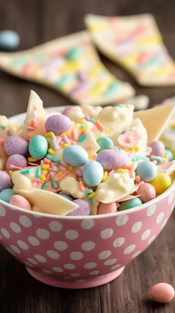 Easy white chocolate Easter bark decorated with colorful sprinkles.