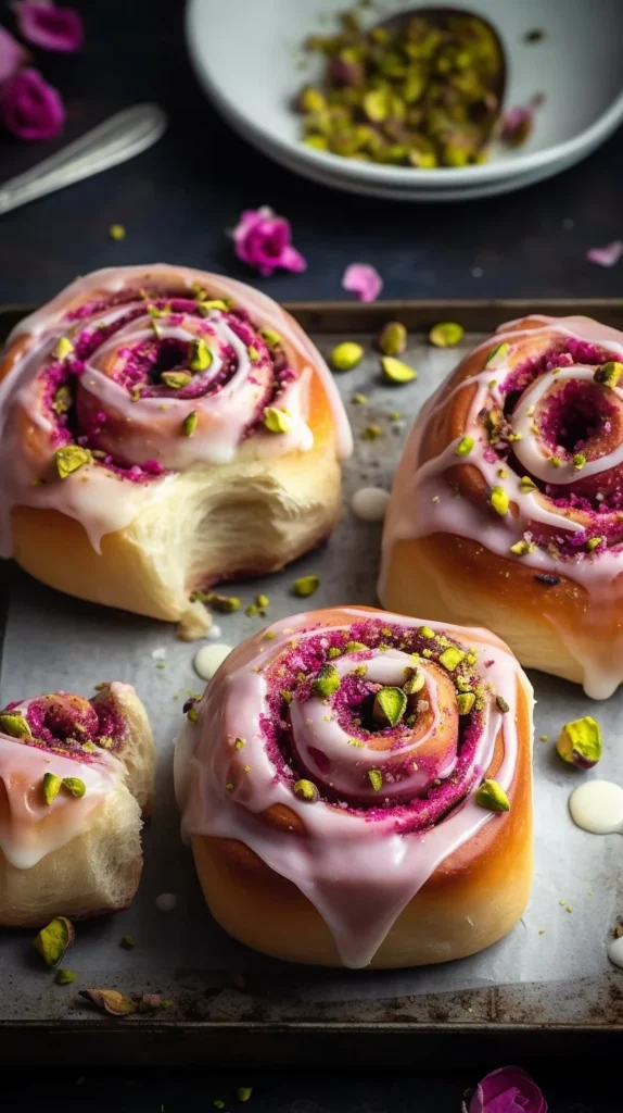 Raspberry and rose cheesecake buns by Edd Kimber on a rustic wooden table.