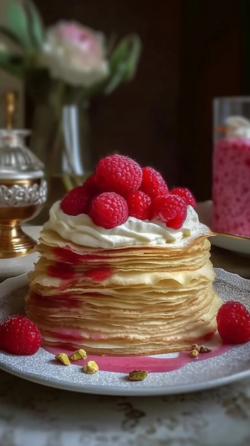 Elegant Cardamom Crepe Cake with rosewater mascarpone mousse and raspberry gelee.