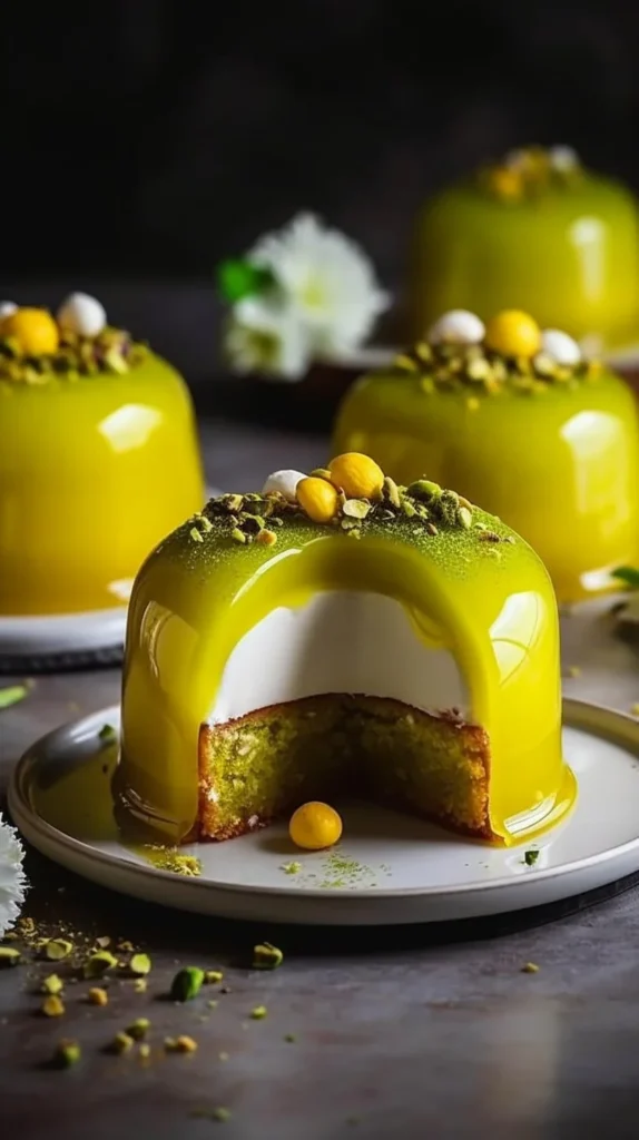 Elegant pistachio sponge cakes with Meyer lemon mousse and citrus mirror glaze.