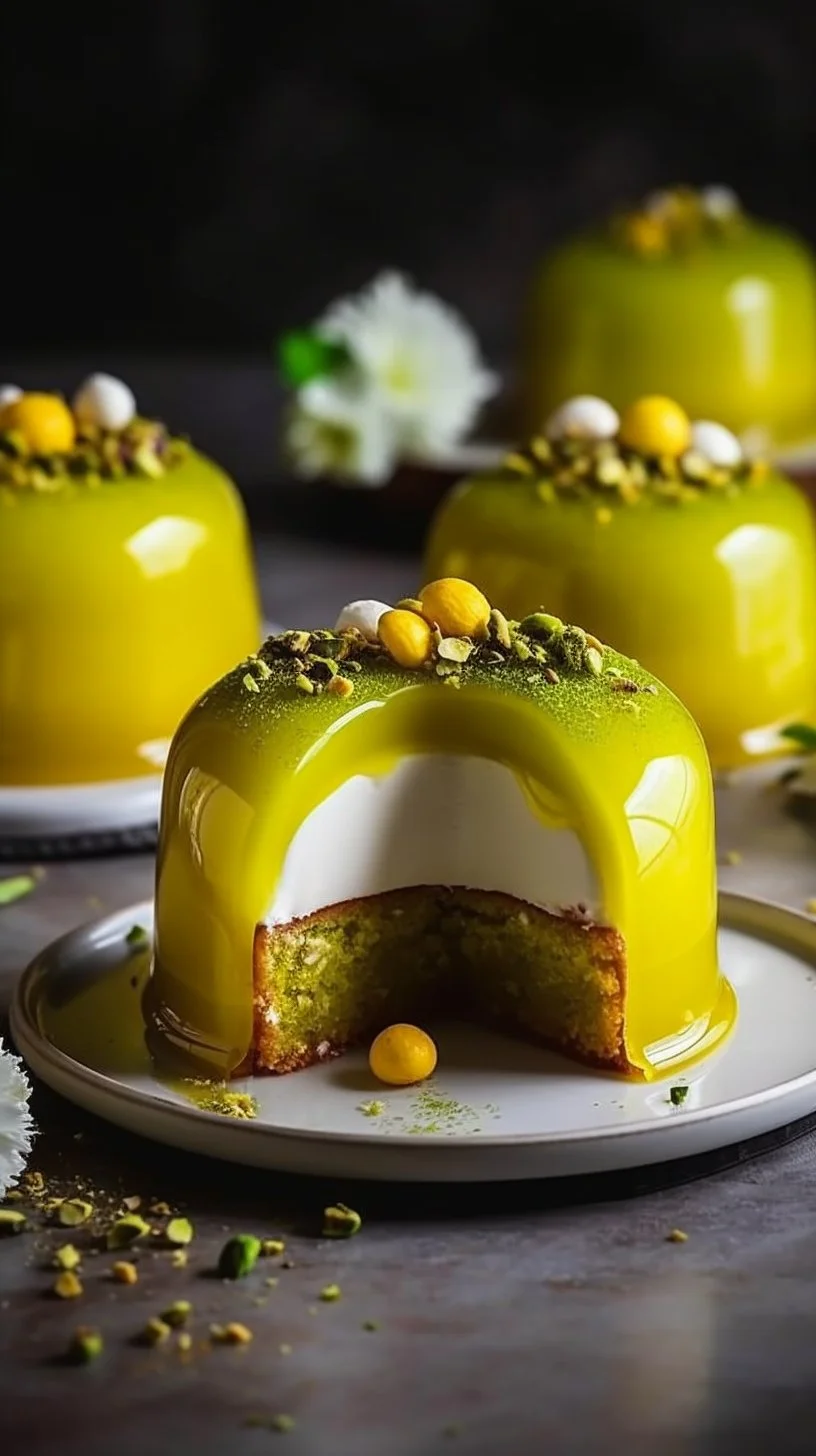 Elegant pistachio sponge cakes with Meyer lemon mousse and citrus mirror glaze.