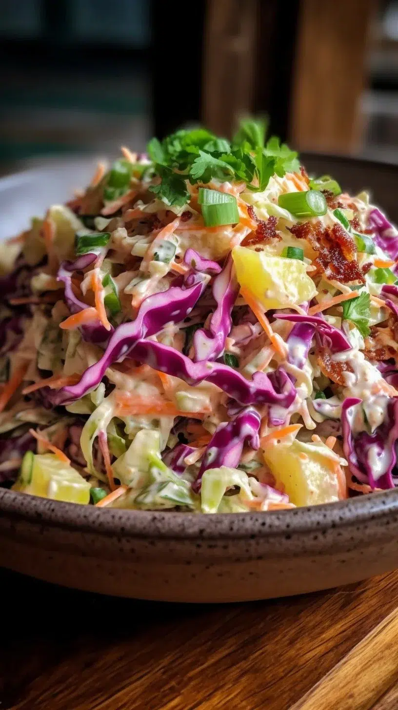 Flavorful coleslaw topped with pineapple and jalapeño for a refreshing twist