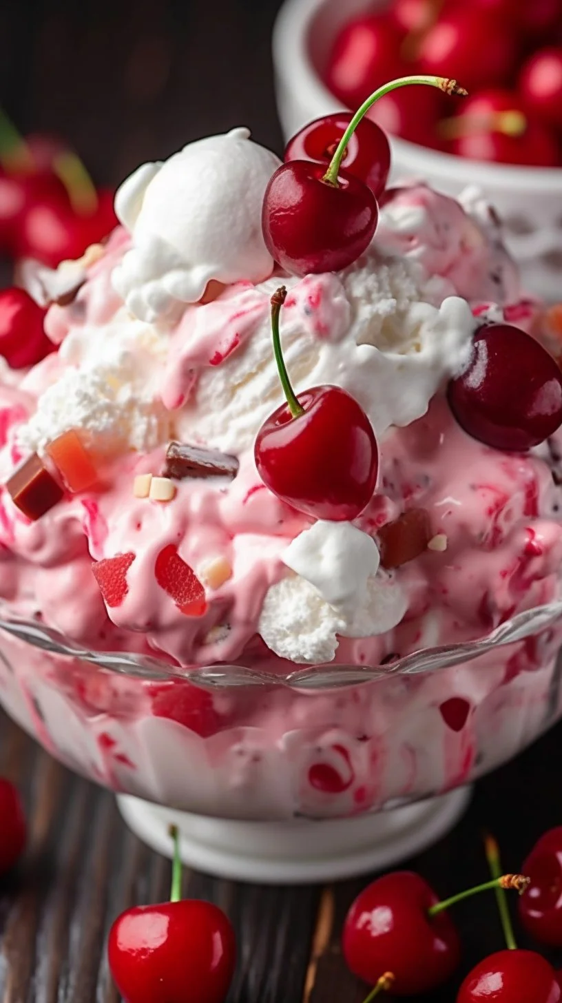 Fluffy Cherry Marshmallow Salad served in a bowl, showcasing a creamy texture with cherry pieces.