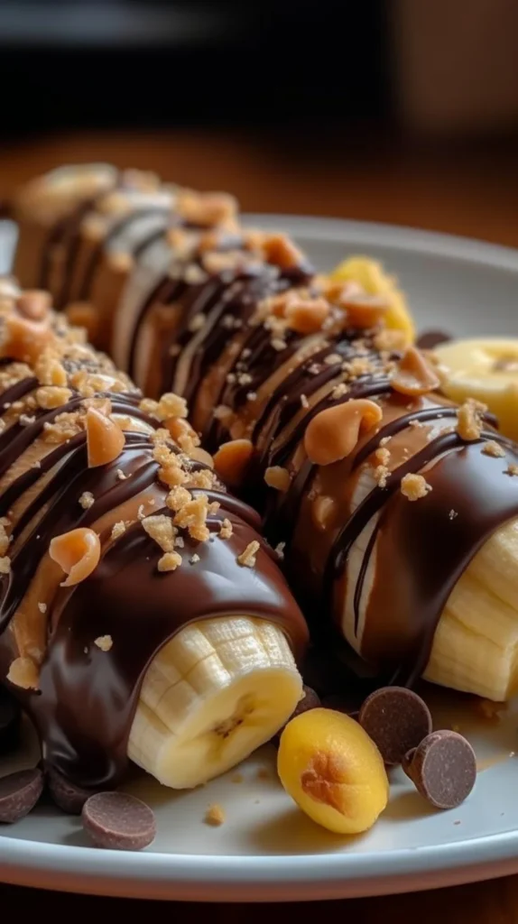Frozen banana snickers dessert topped with chocolate and nuts