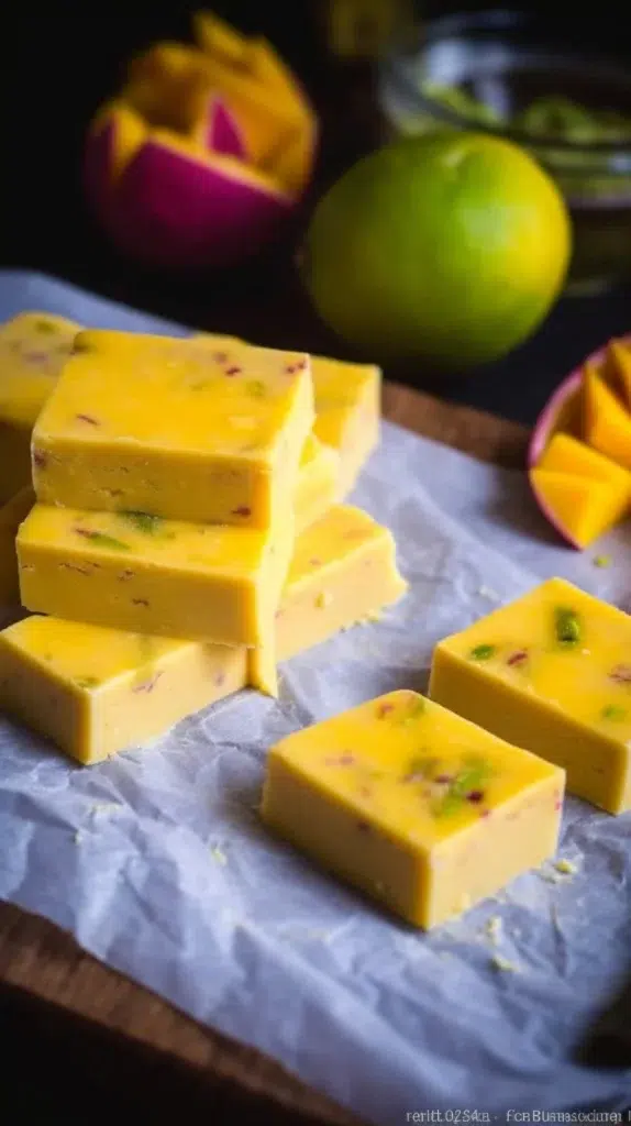 Healthy frozen mango yogurt bars served on a wooden plate