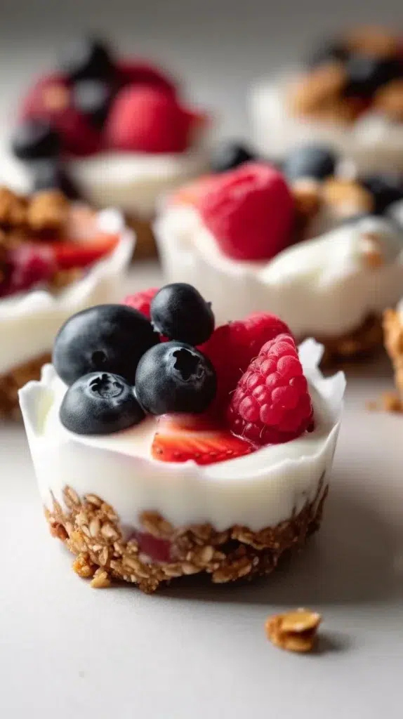 Frozen Yogurt Granola Cups topped with fresh fruit and granola