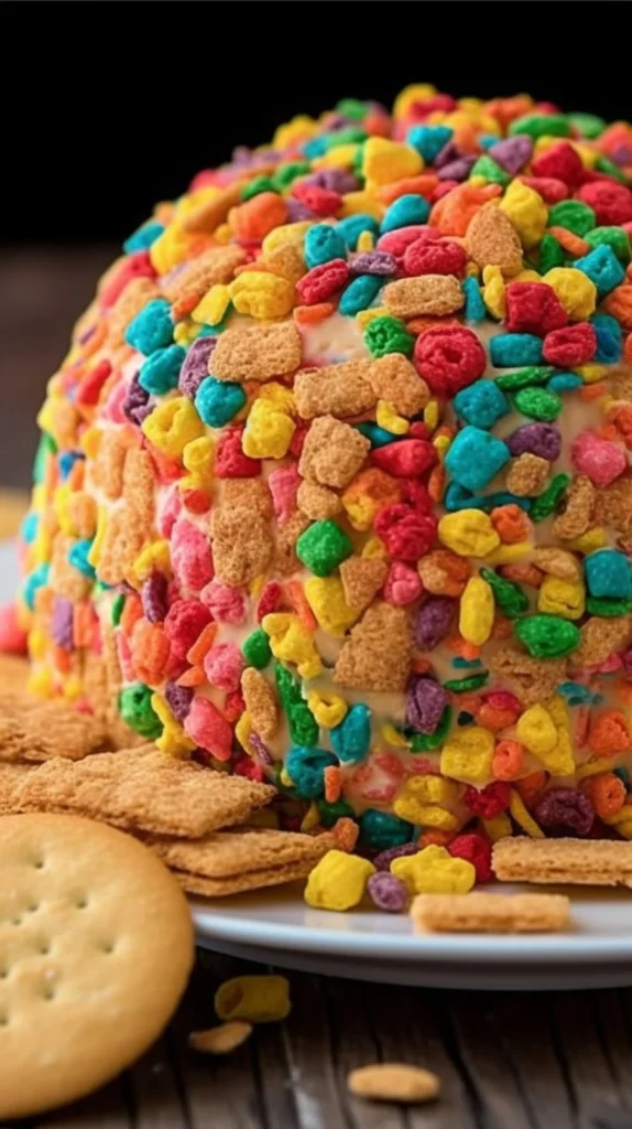 Delicious Fruity Pebbles Cheeseball with colorful cereal toppings