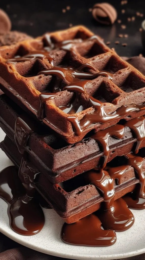Fudgy brownie waffles topped with chocolate drizzle and whipped cream