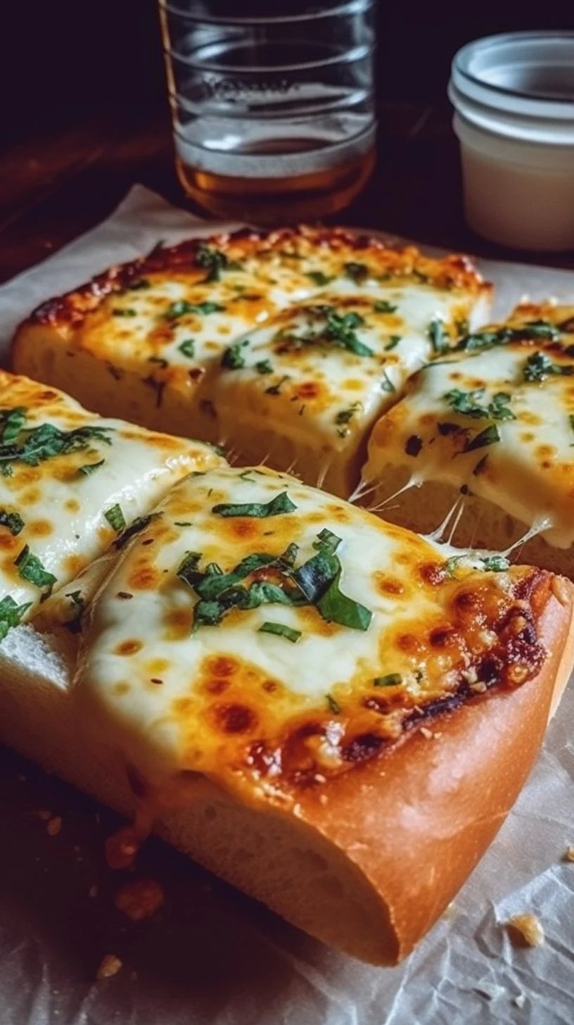 Delicious Garlic Bread Pizza served with fresh herbs and cheese.