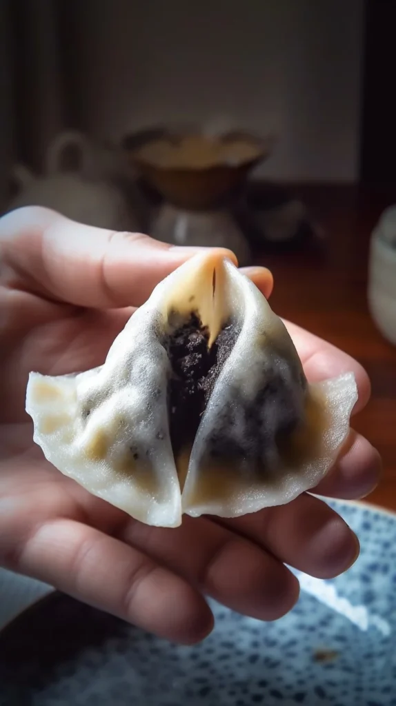 Glutinous rice cakes filled with sweet black sesame filling on a plate
