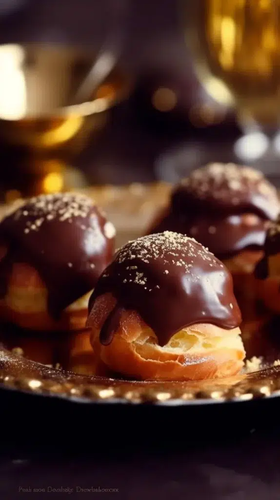 Gold dusted chocolate profiteroles displayed on a fancy plate.
