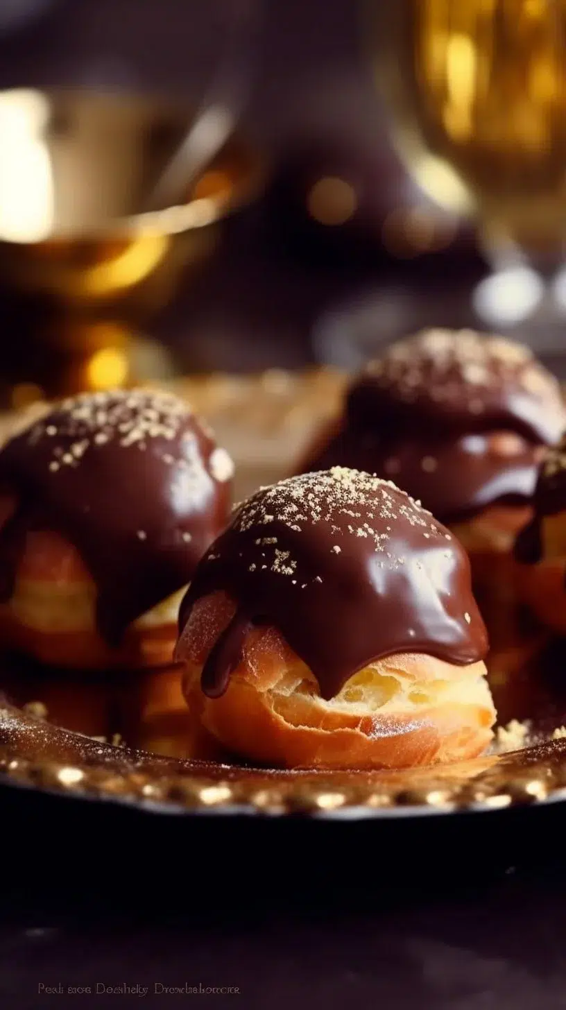 Gold dusted chocolate profiteroles displayed on a fancy plate.