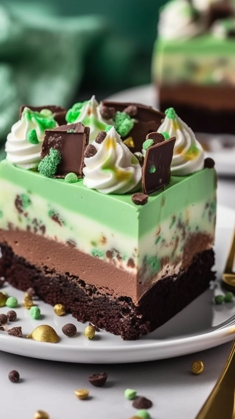 Delicious grasshopper cheesecake bars with mint and chocolate on a plate.