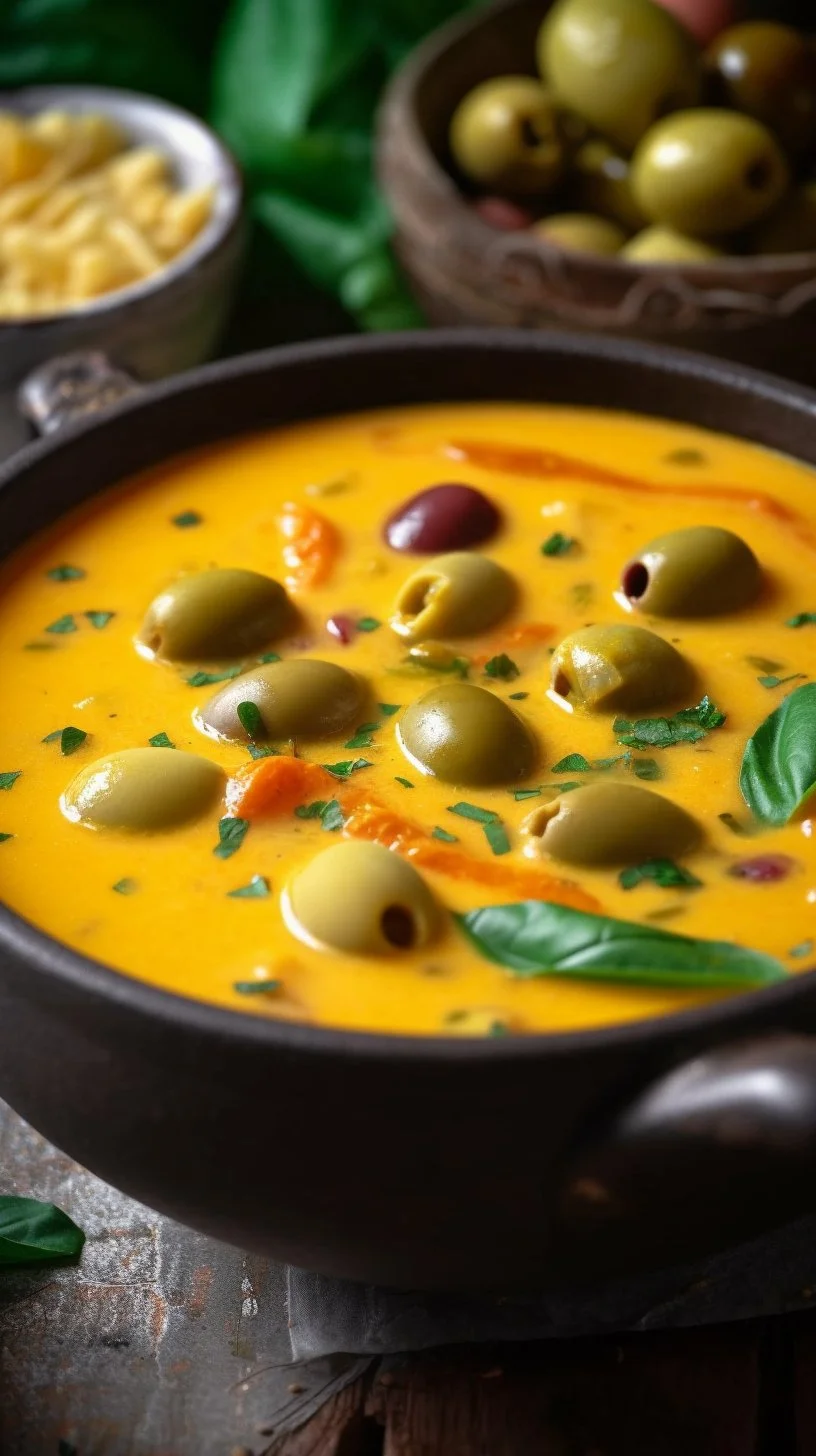 Bowl of green olive soup garnished with herbs and spices