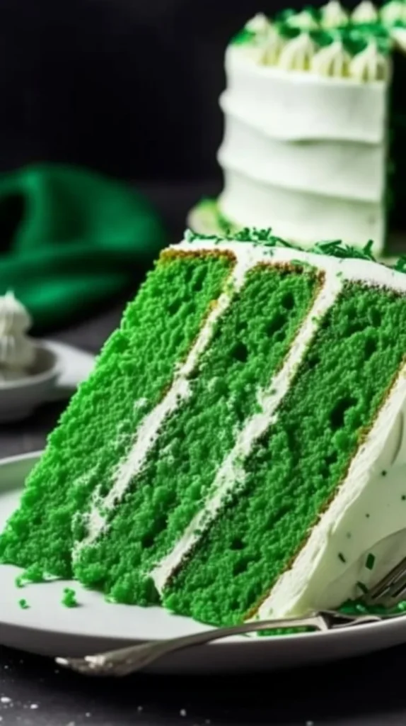 A moist and vibrant green velvet cake topped with cream cheese frosting.