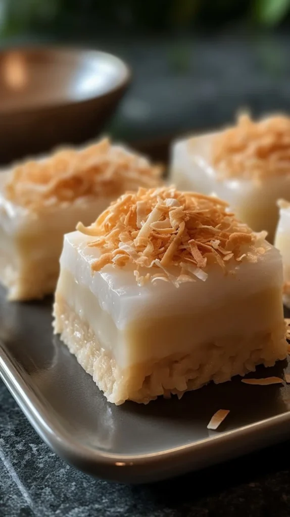 Delicious Hawaiian Coconut Pudding served in a coconut shell with fresh toppings.
