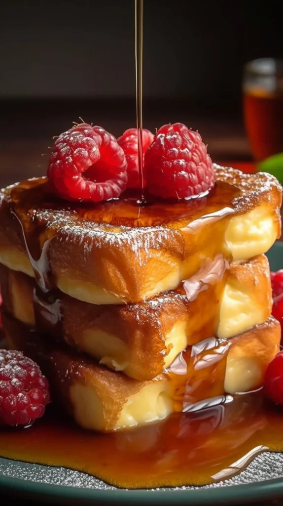 Delicious Hawaiian Roll French Toast topped with syrup and fruit