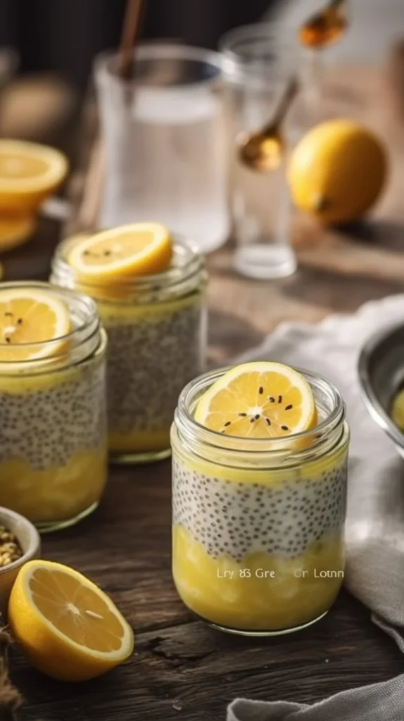 Healthy lemon chia seed pudding topped with fresh lemon slices and mint leaves