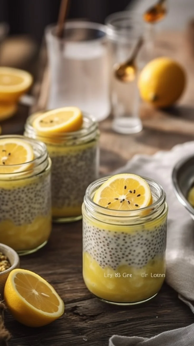 Healthy lemon chia seed pudding topped with fresh lemon slices and mint leaves