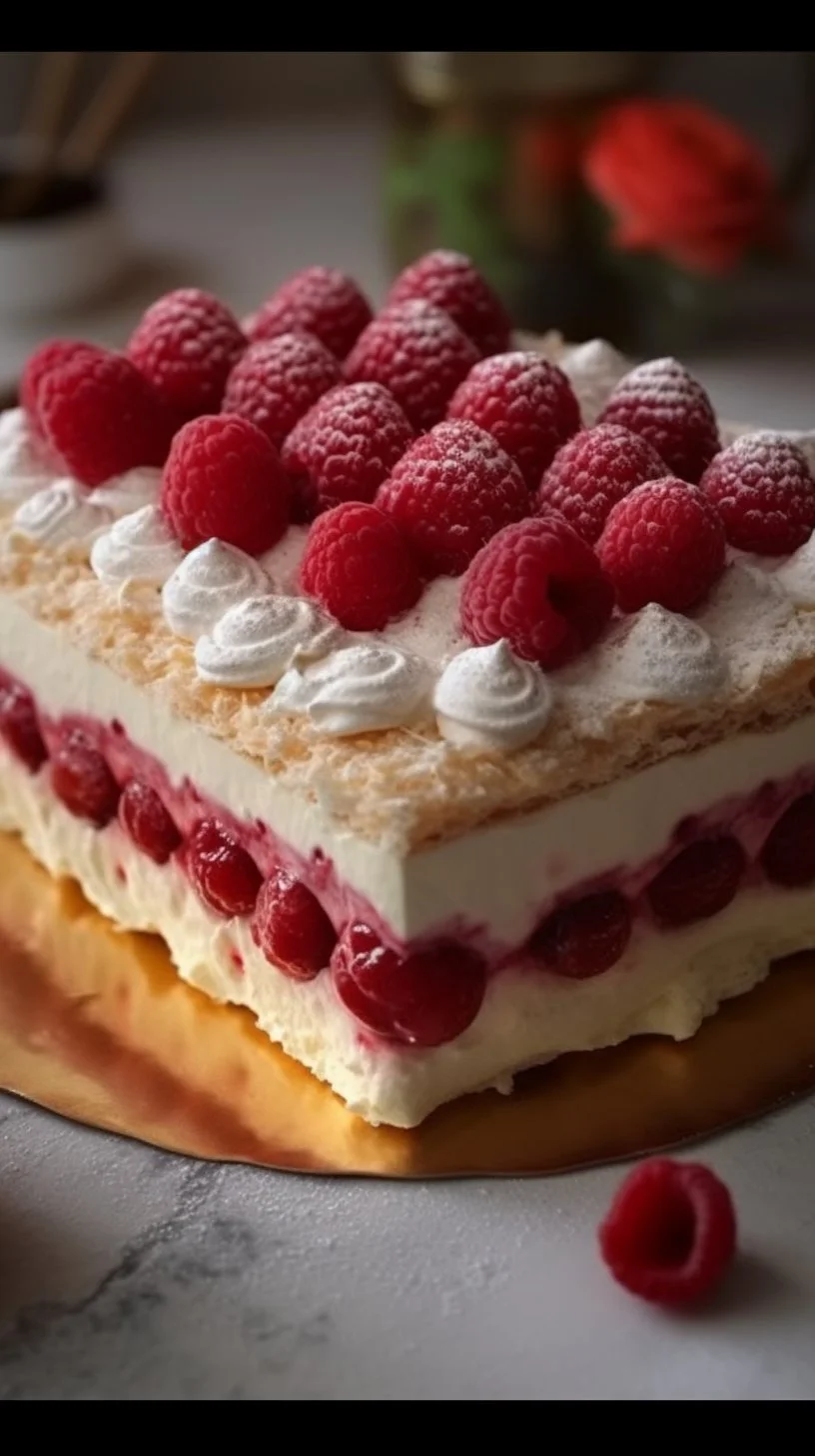 A beautifully plated homemade raspberry delight dessert, garnished with fresh berries.