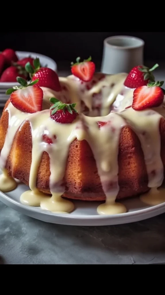 Homemade strawberry cream cheese pound cake topped with fresh strawberries