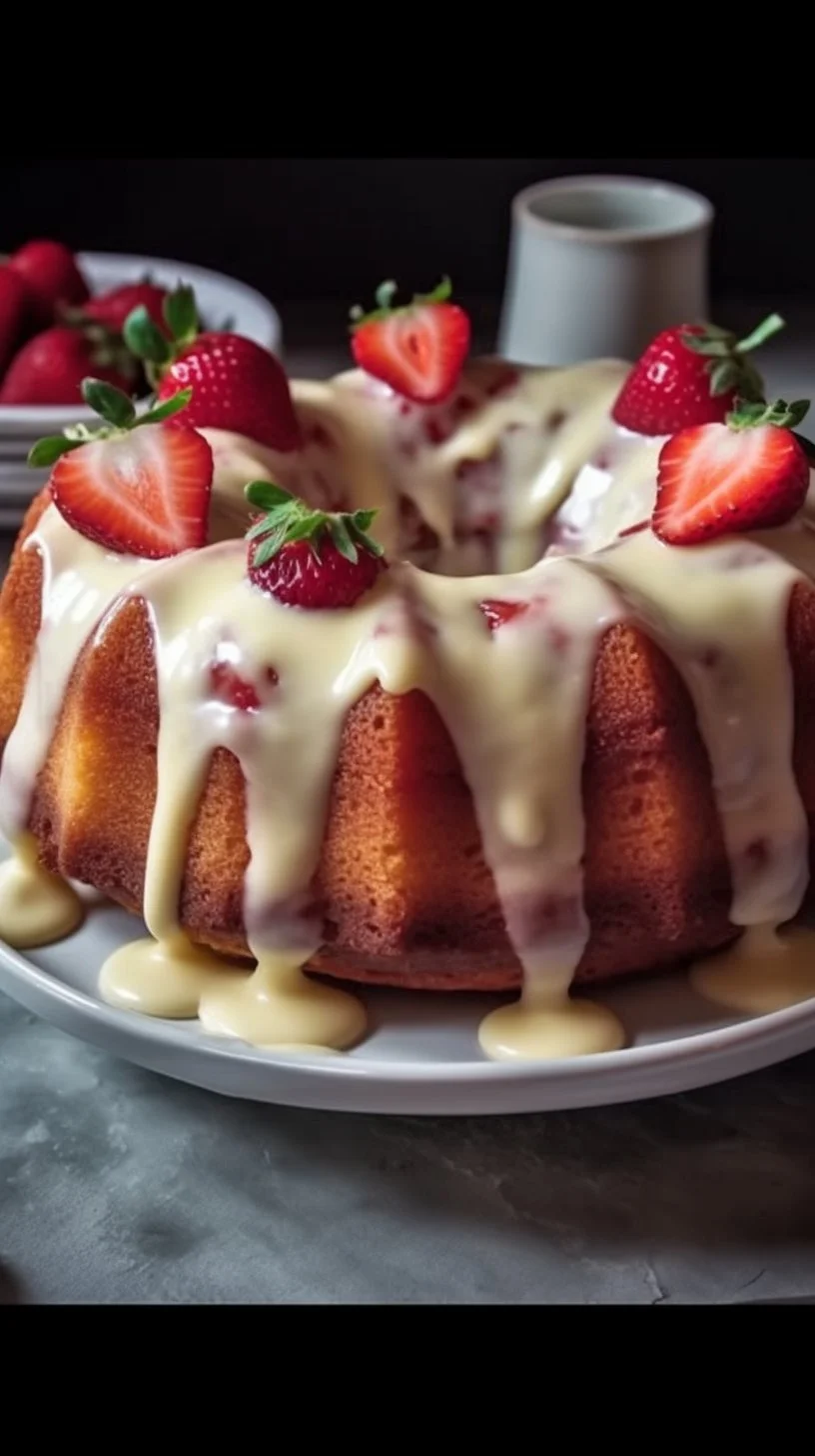 Homemade strawberry cream cheese pound cake topped with fresh strawberries