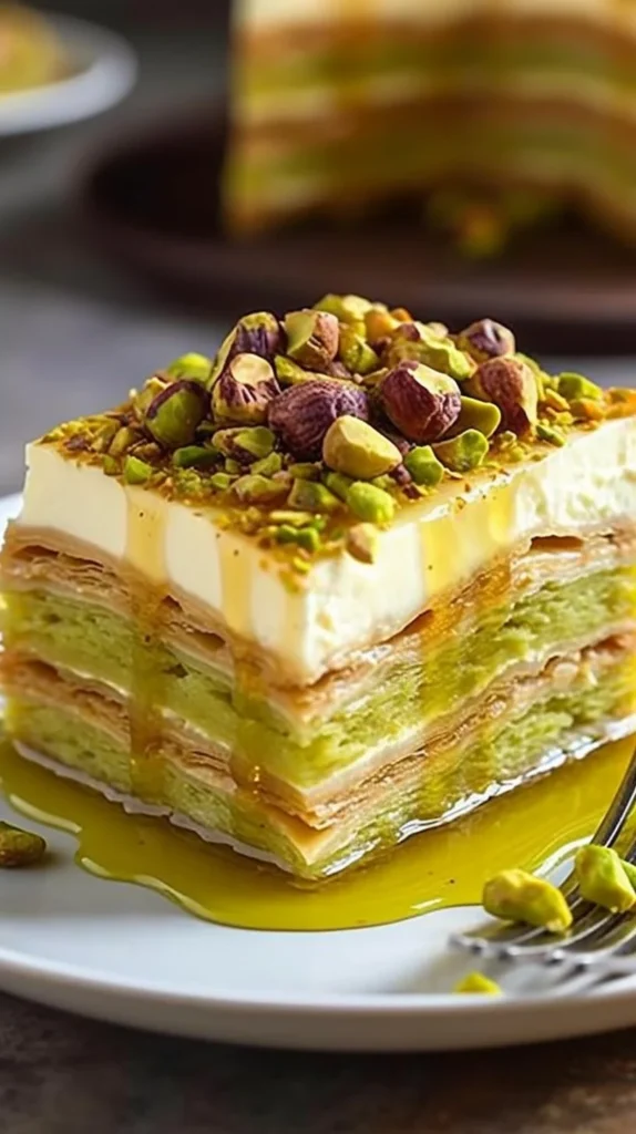 Delicious honey-drizzled pistachio baklava cheesecake slice with a nutty crust