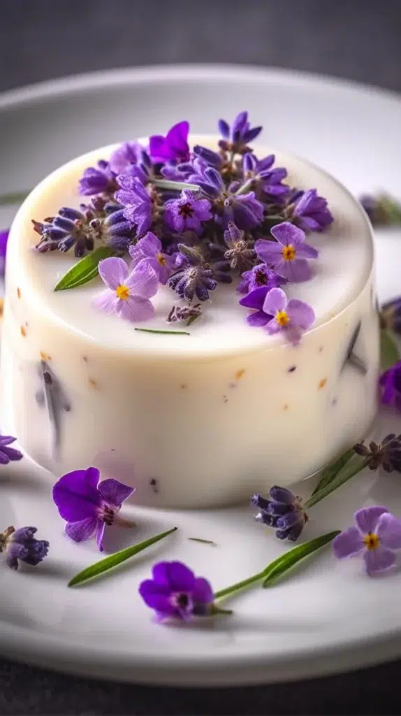 Honey Lavender Panna Cotta dessert with floral garnish and honey drizzle.
