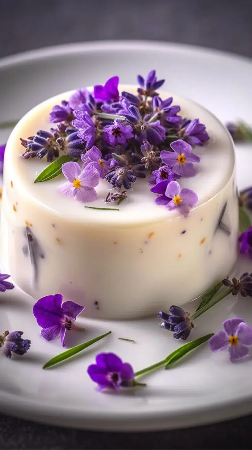 Honey Lavender Panna Cotta dessert with floral garnish and honey drizzle.