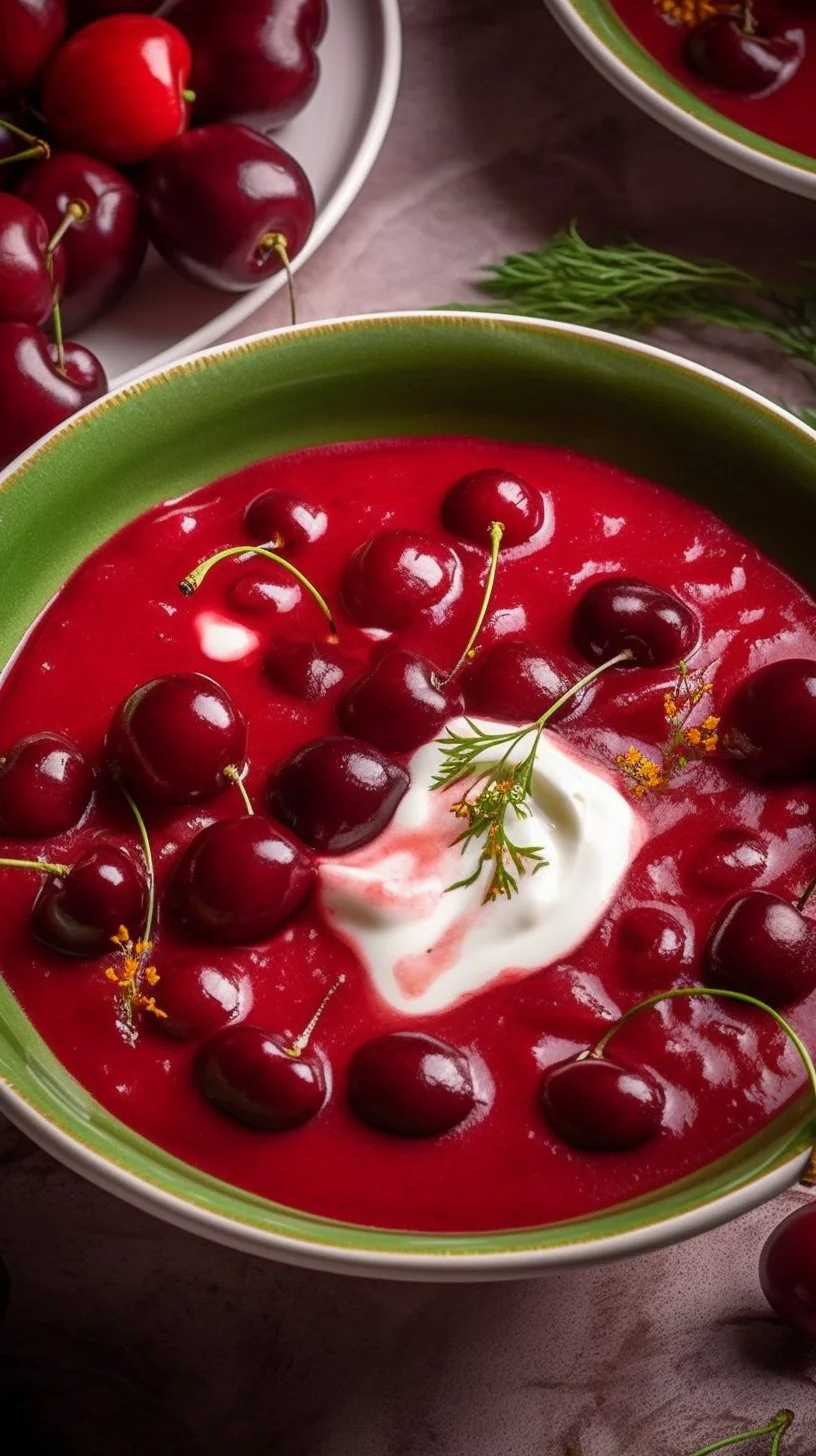 Bowl of Hungarian Cold Cherry Soup garnished with fresh cherries and mint