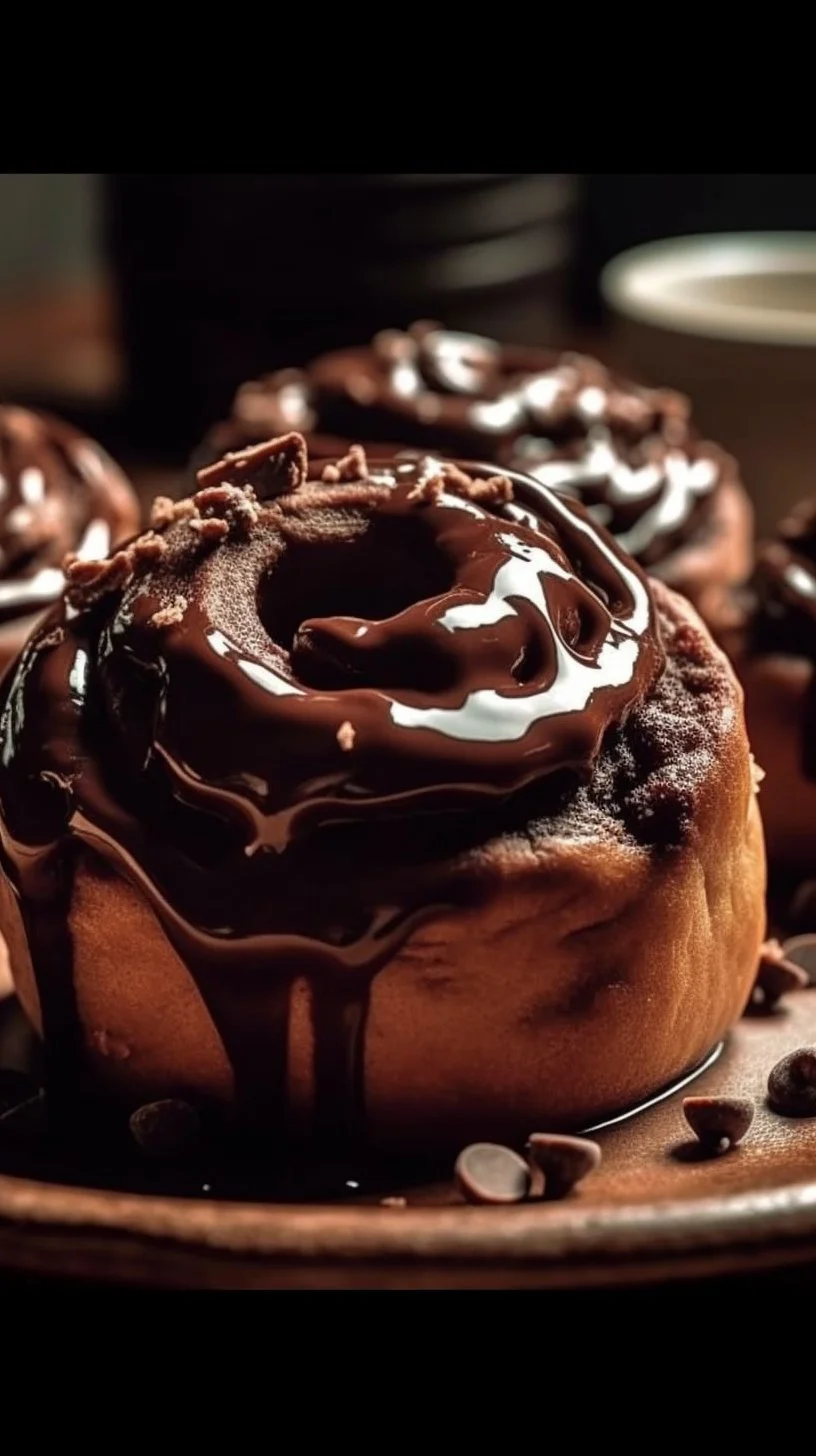 Delicious chocolate cinnamon rolls drizzled with icing and topped with chocolate chips