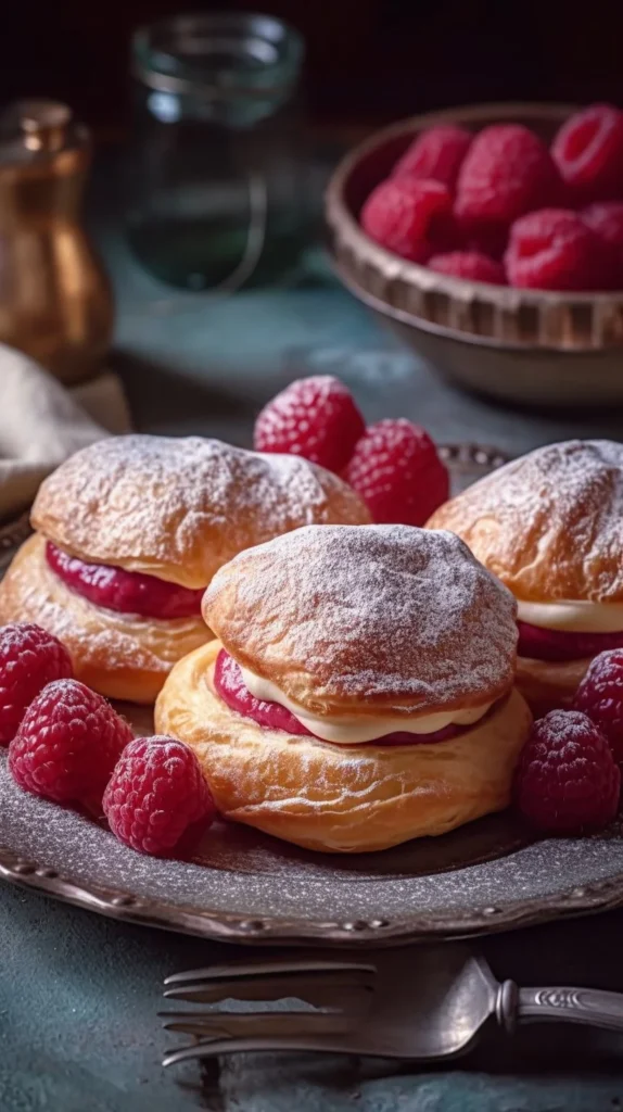 Delicious raspberry cream maritozzi buns filled with creamy filling