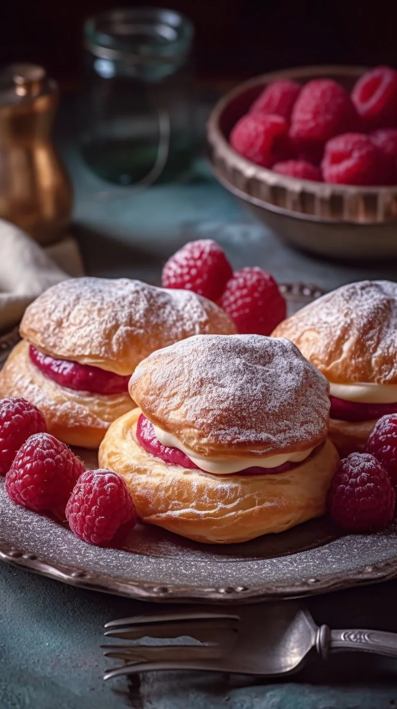 Delicious raspberry cream maritozzi buns filled with creamy filling