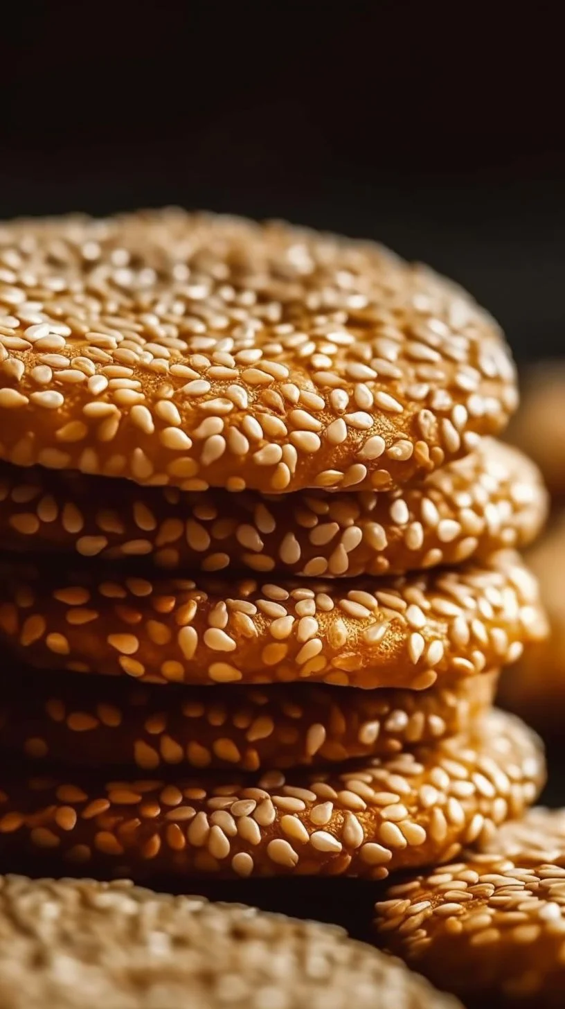 Deliciously chewy sesame honey cookies on a plate with sesame seeds.
