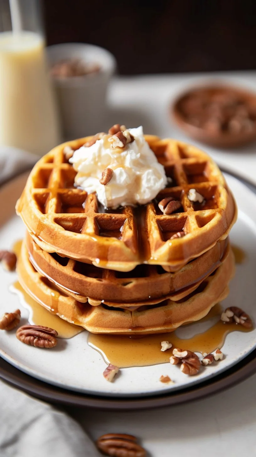 Delicious keto pumpkin waffle served with whipped cream and maple syrup