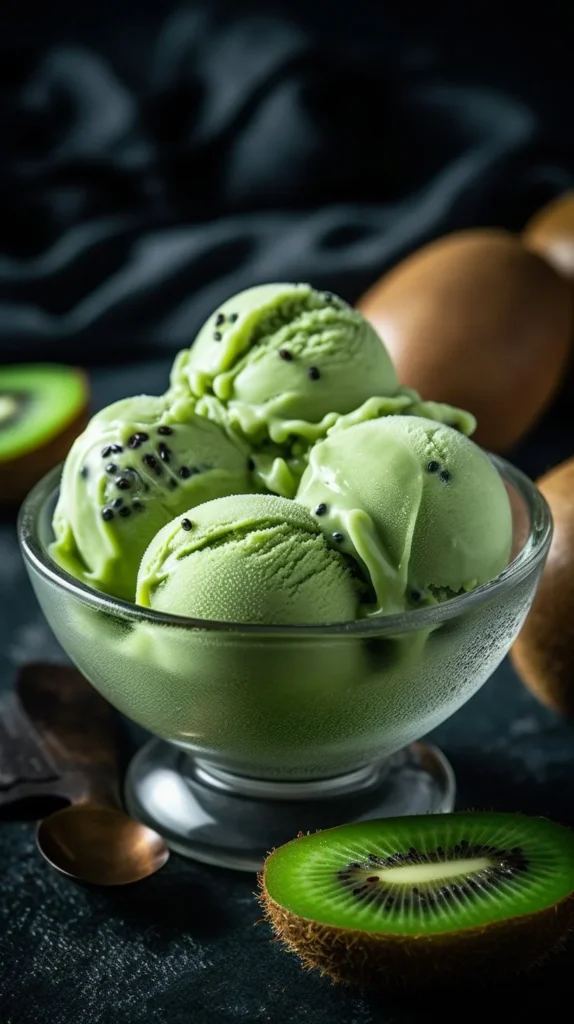 A refreshing bowl of kiwi sorbet garnished with fresh kiwi slices.