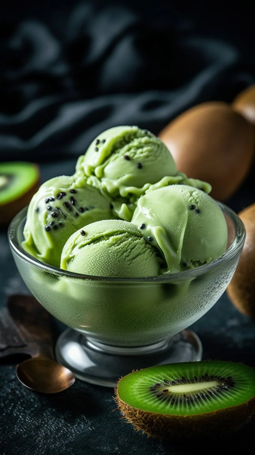 A refreshing bowl of kiwi sorbet garnished with fresh kiwi slices.