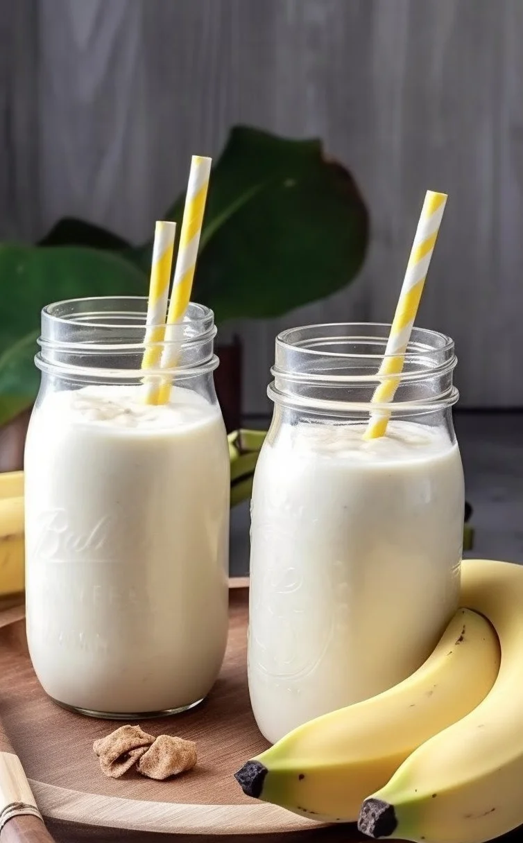 Glass of Korean Banana Milk with fresh bananas and a straw