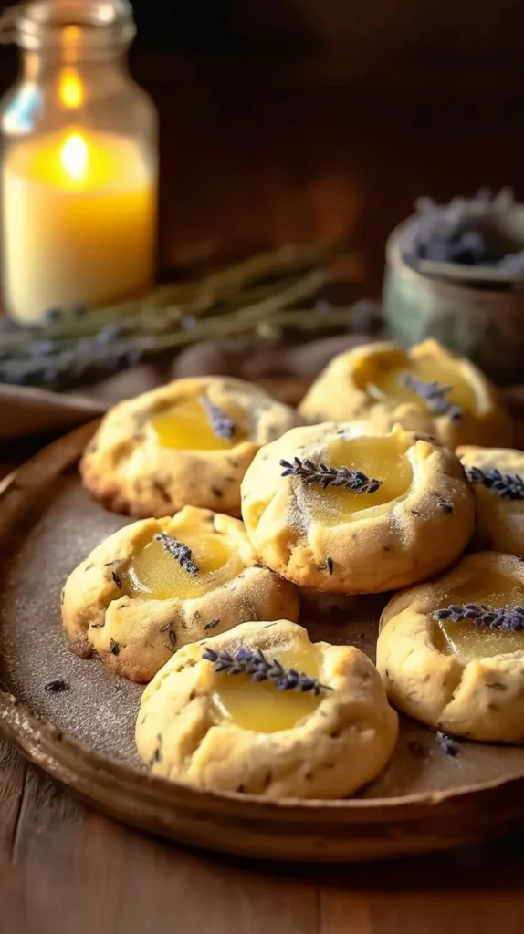 Delicious lavender lemon curd cookies stacked on a plate