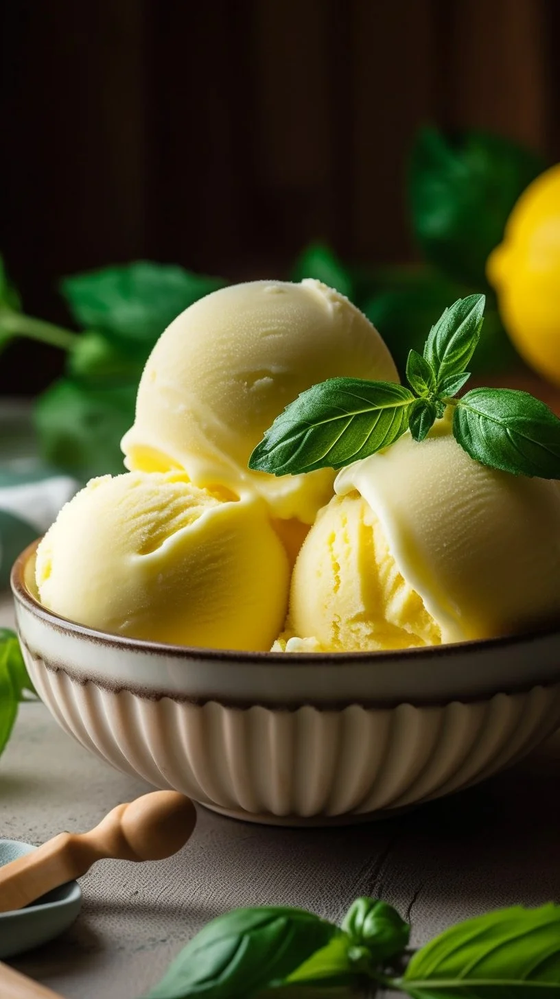 A bowl of homemade Lemon Basil Sorbet garnished with fresh basil leaves.