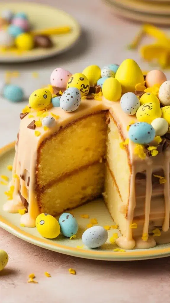 Lemon Bundt Cake decorated with colorful Cadbury Eggs on a white plate