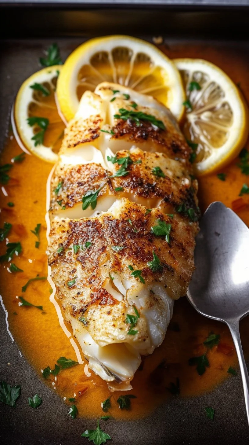 Lemon-Coconut Baked Cod served with garnishes on a plate